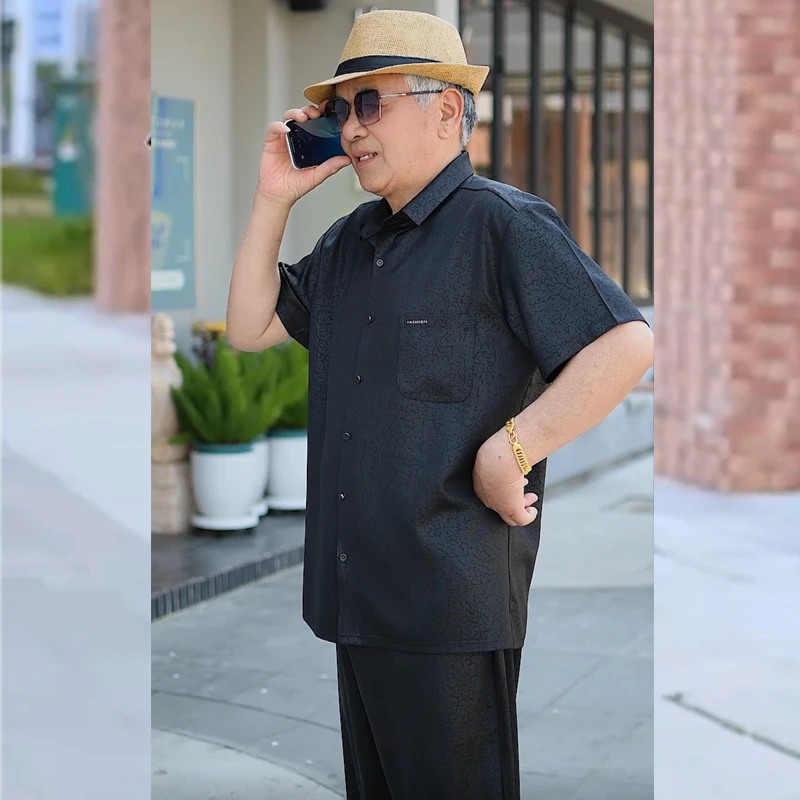 中老年男士短袖套装松紧腰长裤两件套爸爸装夏季薄款衬衫爷爷套装