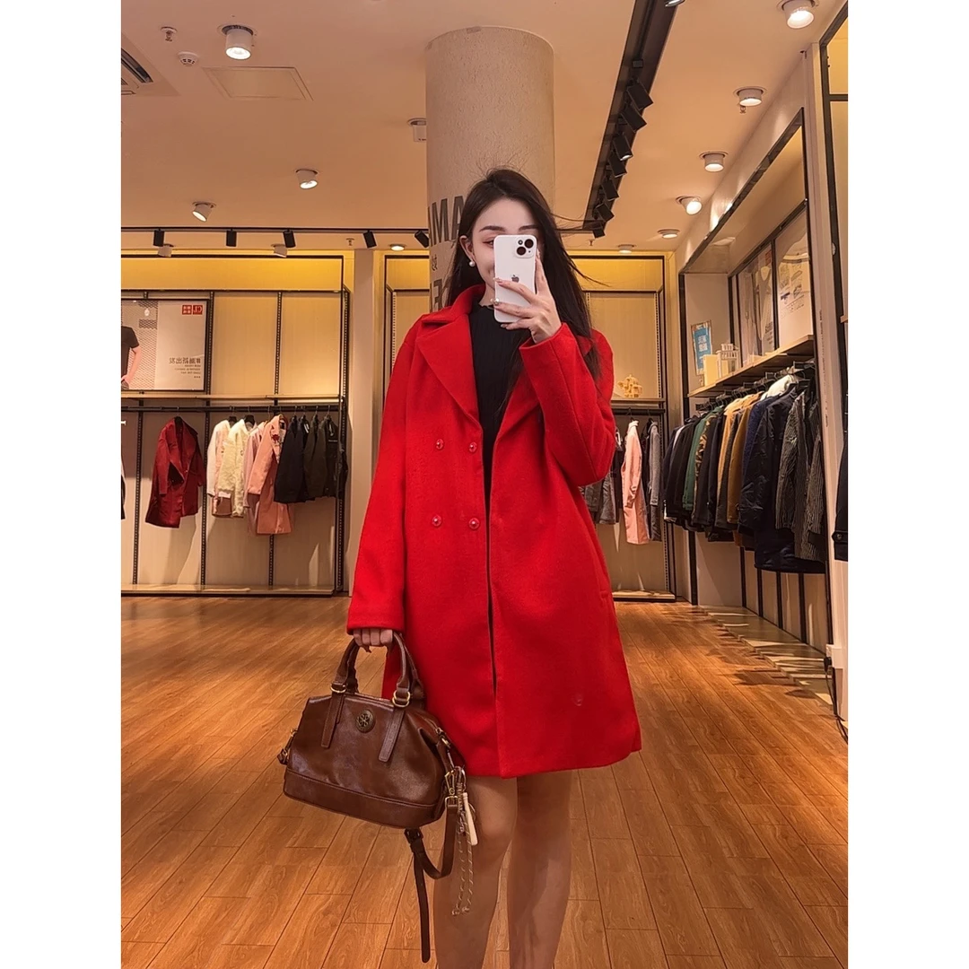 B6VIN152#红色外套潮流时尚气质长款翻领大衣厚外套女