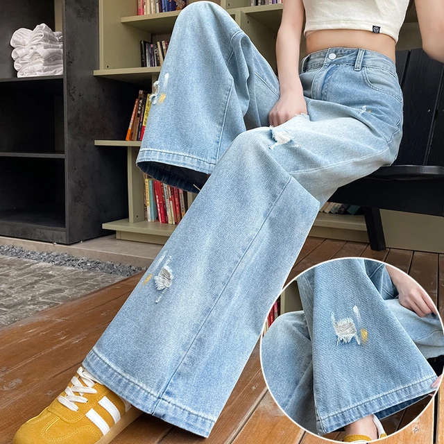 刷漆阔腿牛仔裤女超火破洞裤2025夏季高腰梨型身材遮胯直筒拖地裤