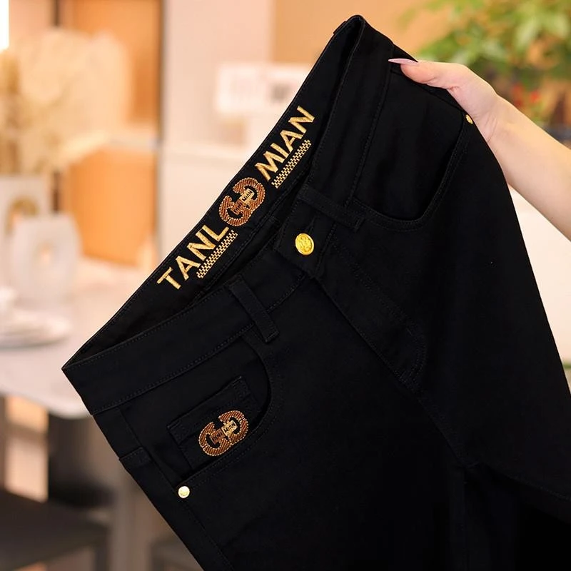 2025夏季薄款高端黑色牛仔裤男士弹力直筒九分裤轻奢休闲长裤子潮