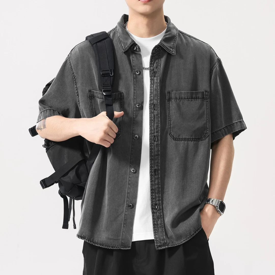 莱赛尔短袖牛仔衬衫男夏季做旧感美式复古青年宽松大码休闲衬衣潮