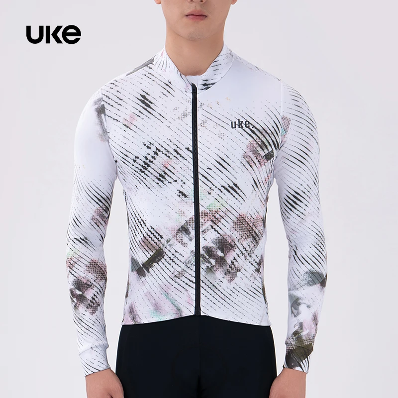 UKE男子抓绒长袖骑行服秋冬季新款公路自行车保暖印花上衣 虚影