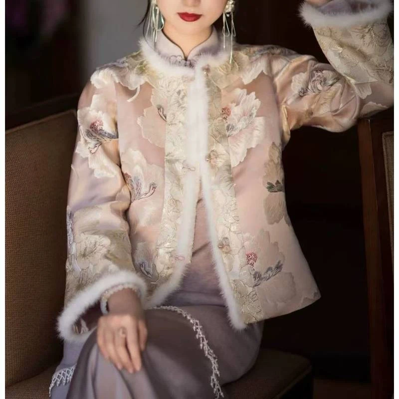 莉莉-中国风秋冬夹棉唐装女新中式倒大袖保暖棉服2024D3349