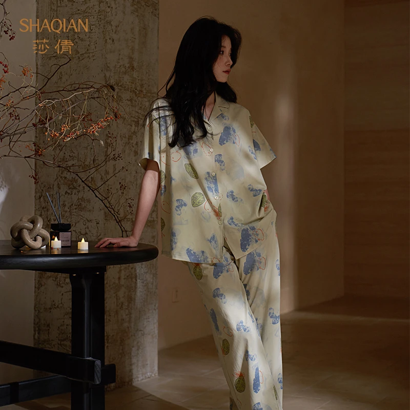 莎倩2025年睡衣女士夏季凉感莫代尔棉短袖长裤套装春夏冰丝家居服