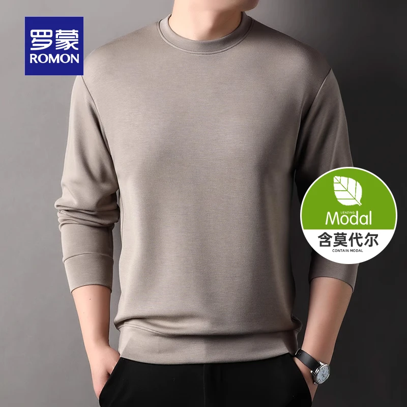 【含莫代尔】罗蒙男士套头圆领长袖卫衣2025秋季新款纯色休闲T