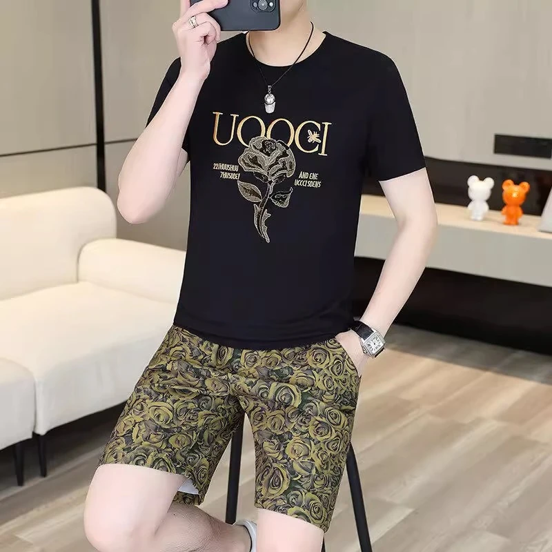 KOYENEMAL库约内姆夏季男士休闲运动套装新款玫瑰红图案