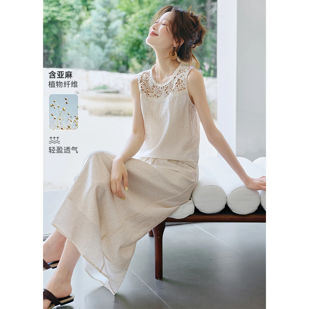 亚麻复古蕾丝镂空优雅套装2025夏季新款拼接衬衫半身裙套装女