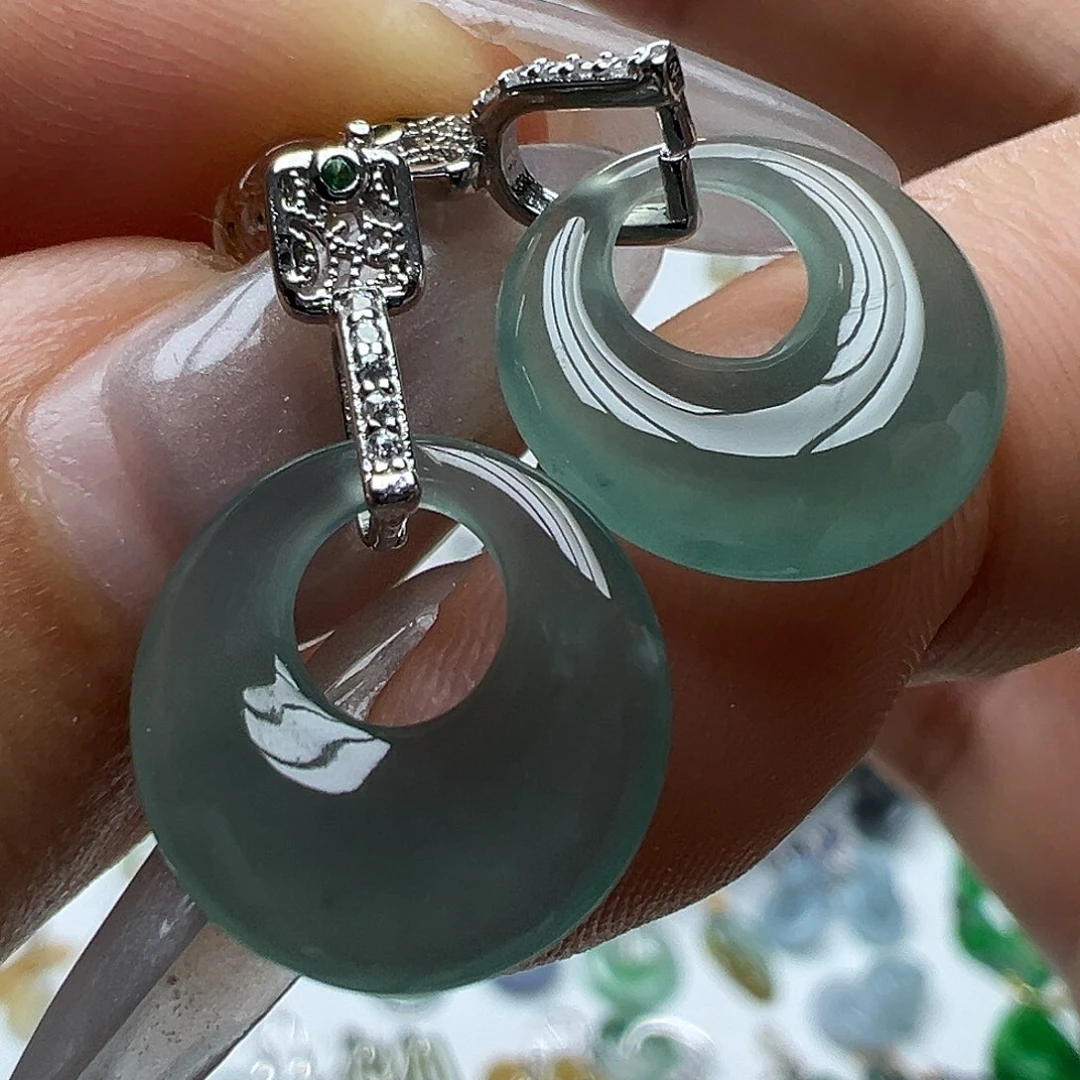 翡翠银S925镶嵌耳饰天然缅甸A货翡翠