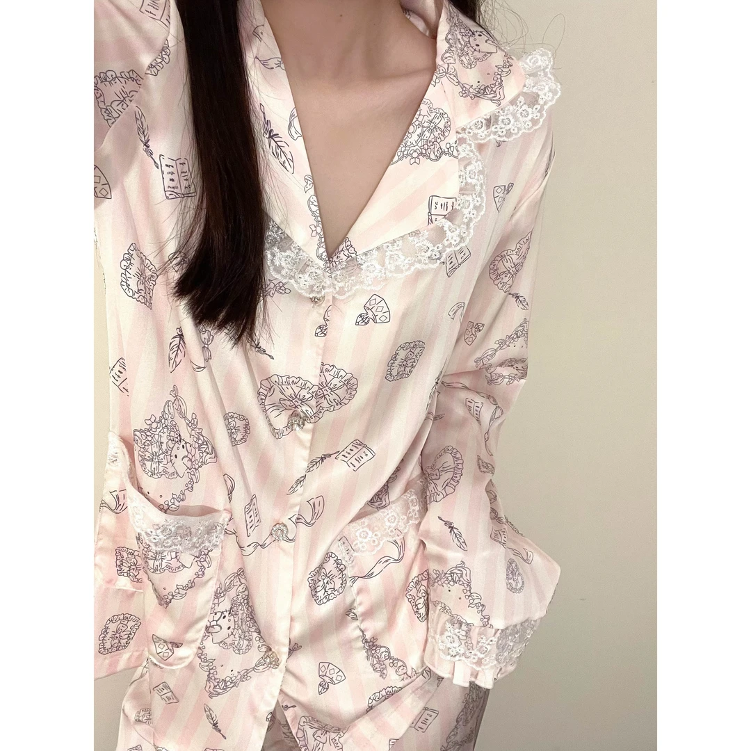 【纯欲蕾丝边】kitty印花睡衣女秋冬款冰丝长袖长裤家居服套装女