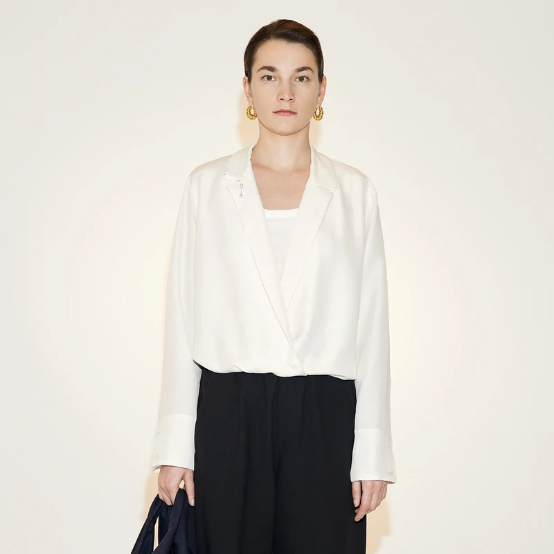 LESS春季气质桑蚕丝衬衣女休闲宽松双层西装领白色衬衫2N3211660