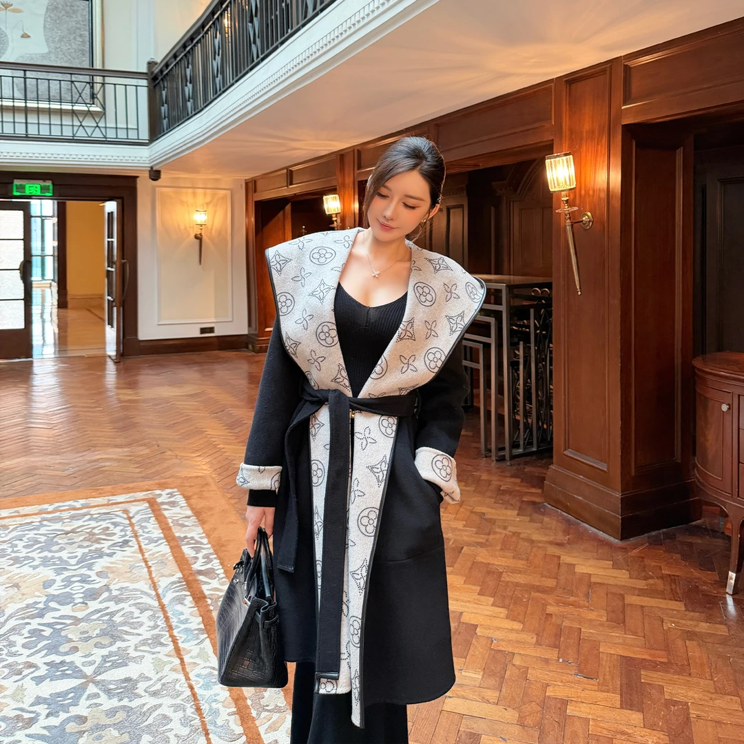 SX善喜99高支澳毛印花双面呢大衣中长款翻领宽松系带连帽外套