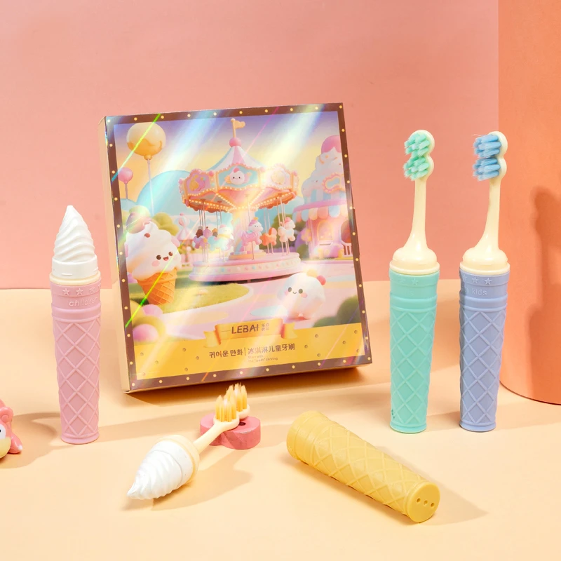 新款礼盒装冰激凌便携式凸面宽头软毛儿童牙刷3-12岁旅行牙刷学生