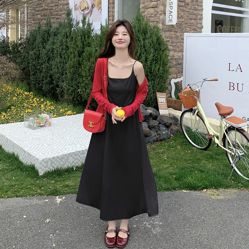 黑色法式温柔风吊带连衣裙套装女2025夏季新款减龄开衫长裙两件套