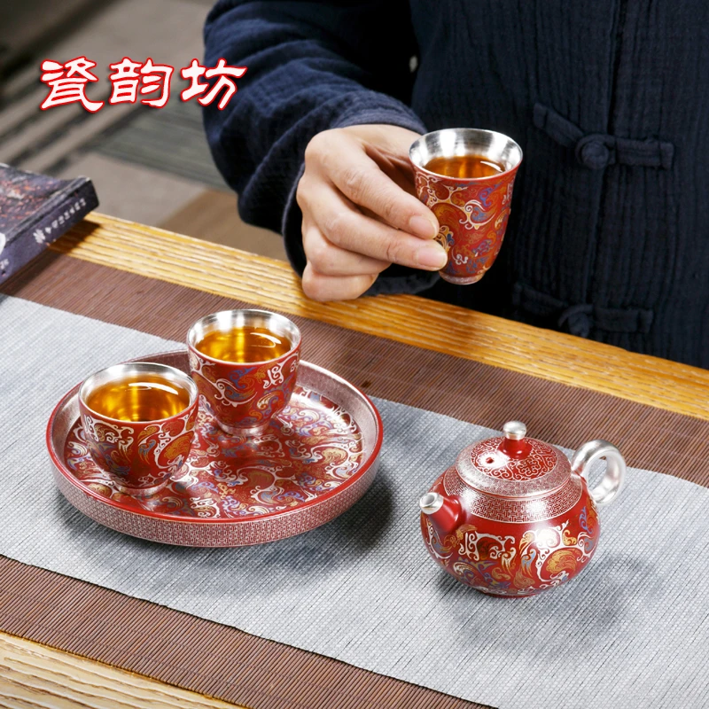故宫敦煌鎏银功夫茶具一壶三杯高档设计送长辈父母乔迁生日礼物