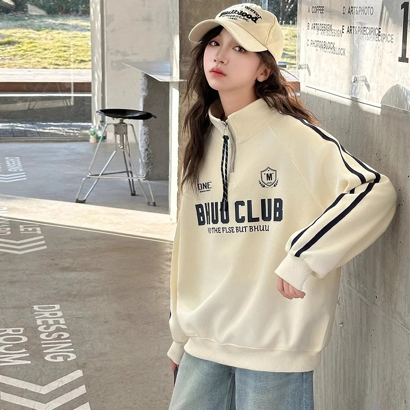 女童加绒卫衣2025新款秋冬季半拉链洋气时髦中大童儿童字母打底衫