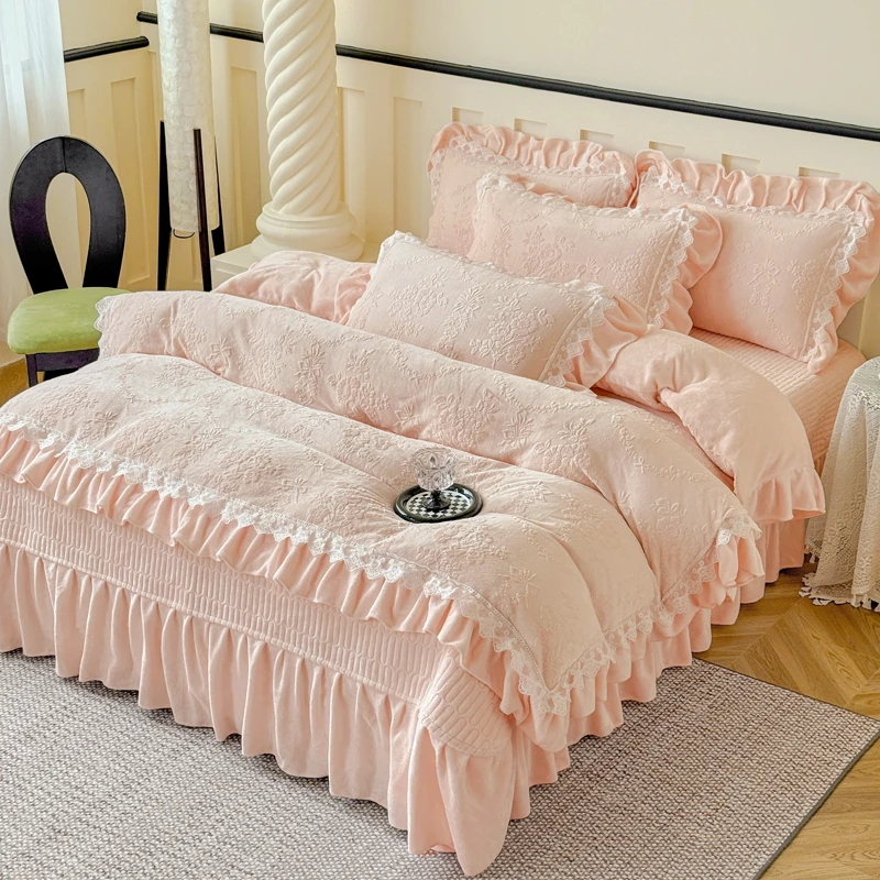 法式雕花韩版花边加厚牛奶绒四件套保暖双面绒床盖款被套床单床品