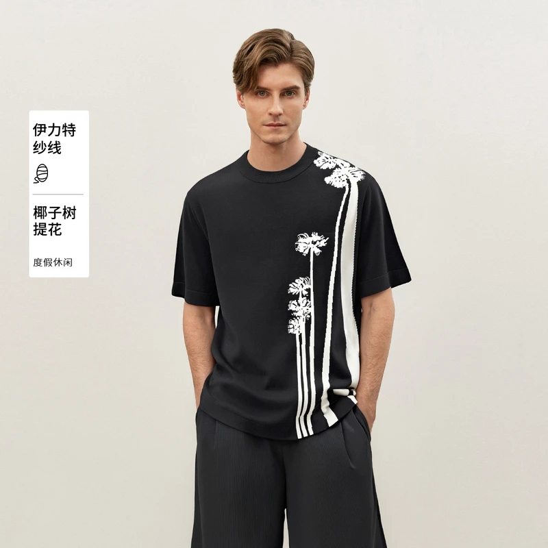 MM麦檬男装24夏圆领印花短袖亲肤舒适黑色短袖T恤9F3200271