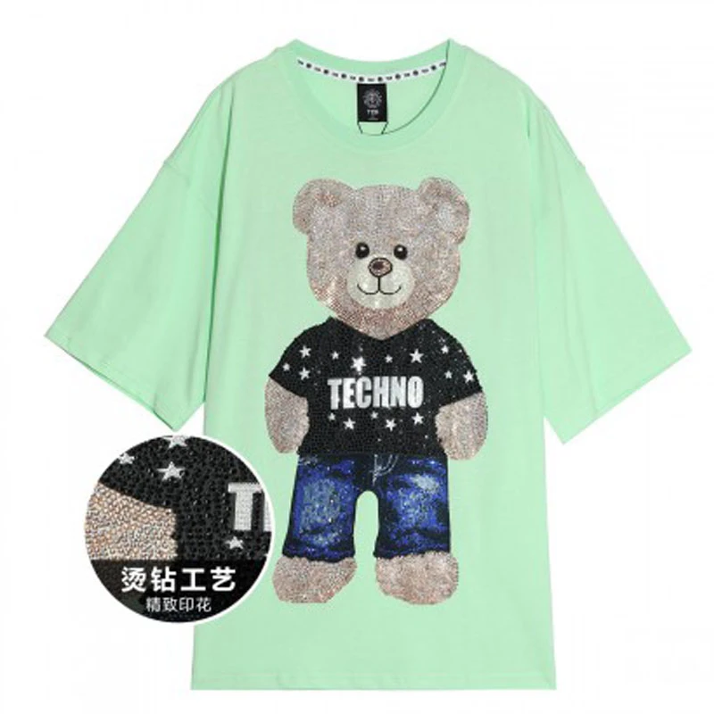 潮牌-TCH牛仔酷小熊烫钻宽松圆领卡通男女同款绿色T恤T21110C3019