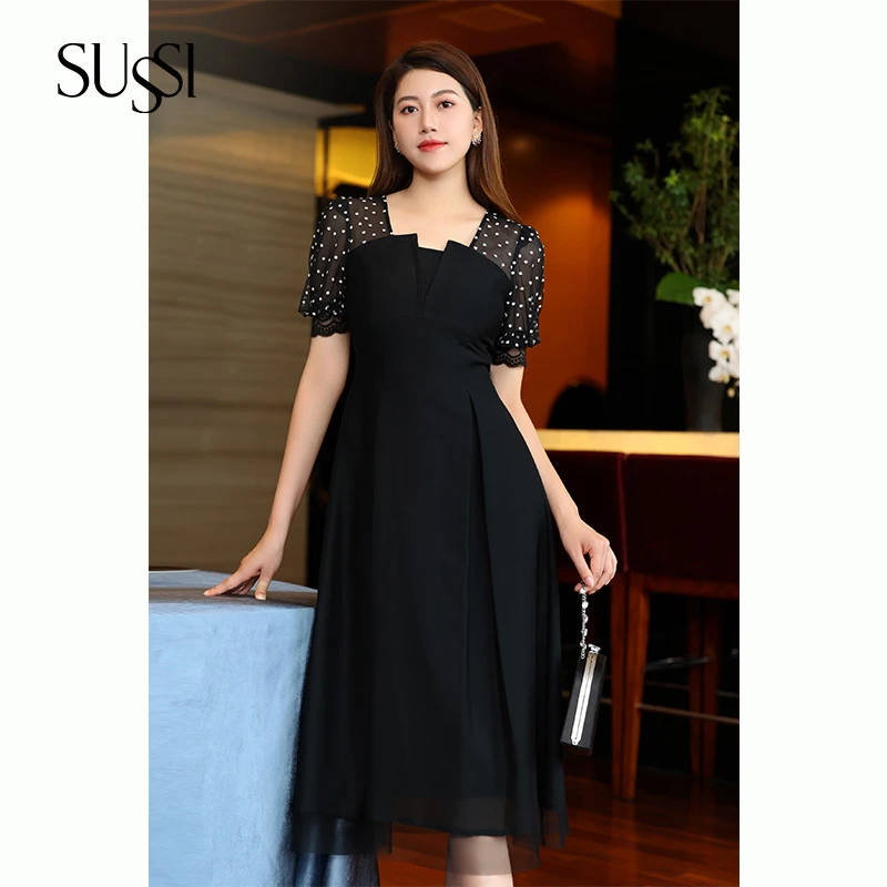 SUSSI/古色25夏【赫本小姐】商场同款白色波点方领刺绣泡泡袖连衣裙