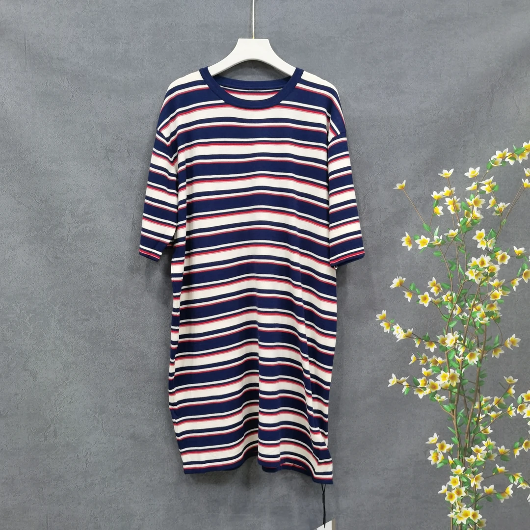 LZ6080【夏季新款】时尚圆领藏蓝色条纹拼色长款连衣裙