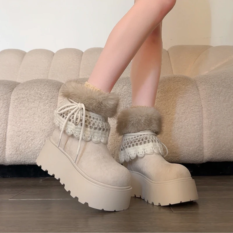 复古白色厚底加绒加厚雪地靴女款2025新款冬季保暖毛毛勃肯棉鞋子