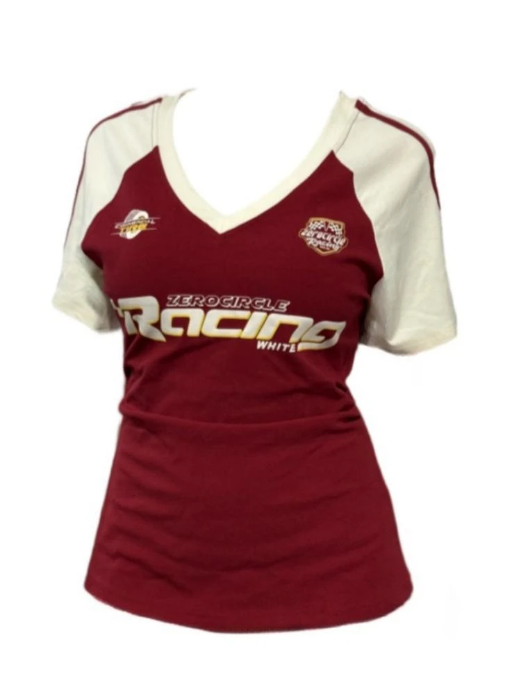 微胖MM大码女装美式复古辣妹v领短袖T恤夏季修身显瘦撞色拼接上衣