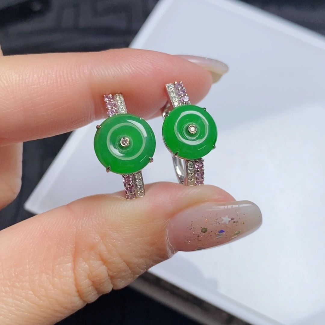 翡翠18K金镶嵌耳饰小扣子耳包