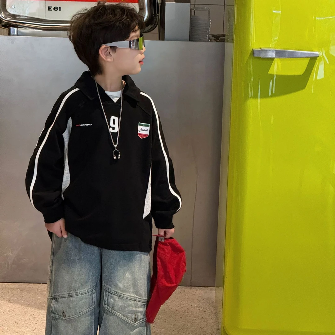 2025春季新款韩版男童美式POLO运动风翻领卫衣儿童摄影潮