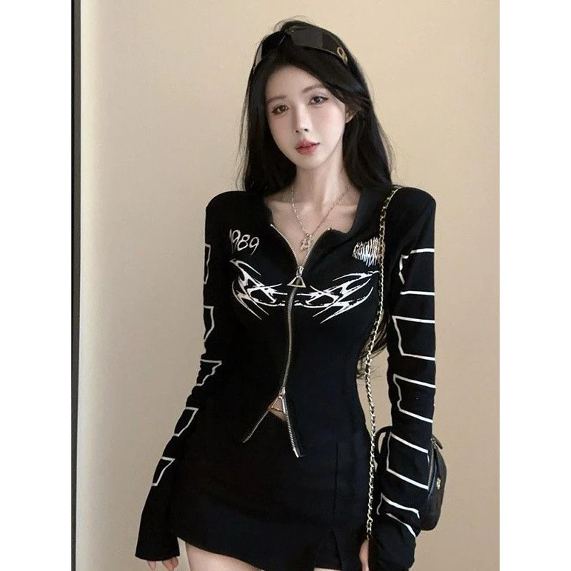 美式设计感立领双拉链短款外套秋季装辣妹修身显瘦印花开衫上衣女