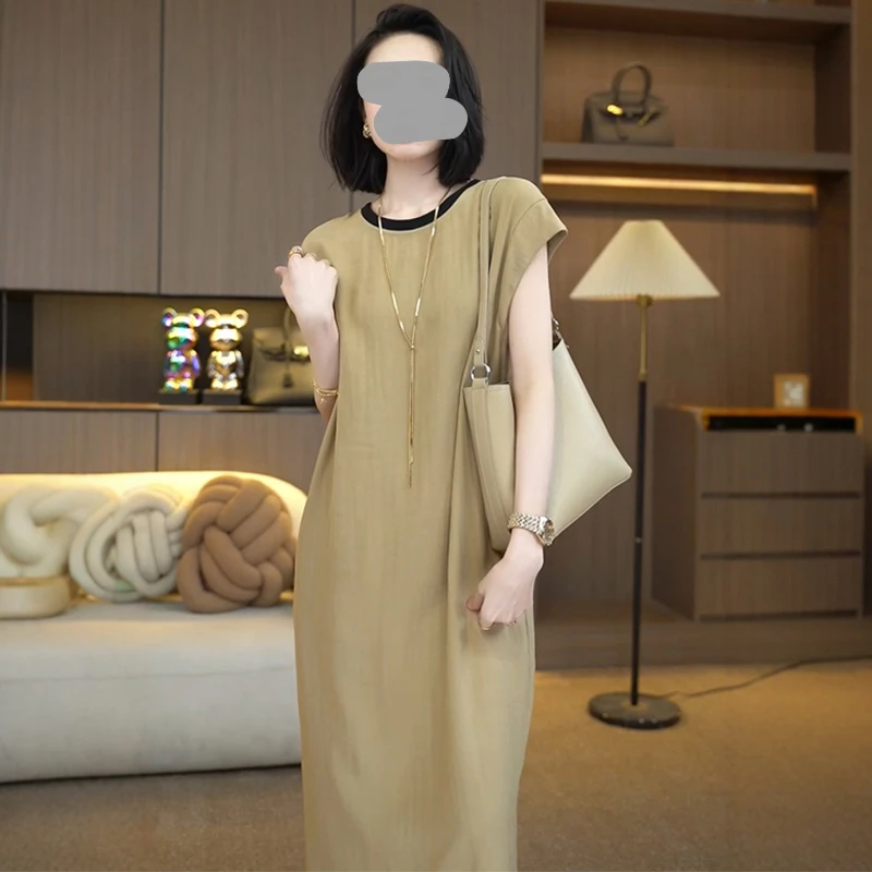 欧货小飞袖撞色小圆领遮肉连衣裙女夏季2025新款宽松显瘦长款裙子