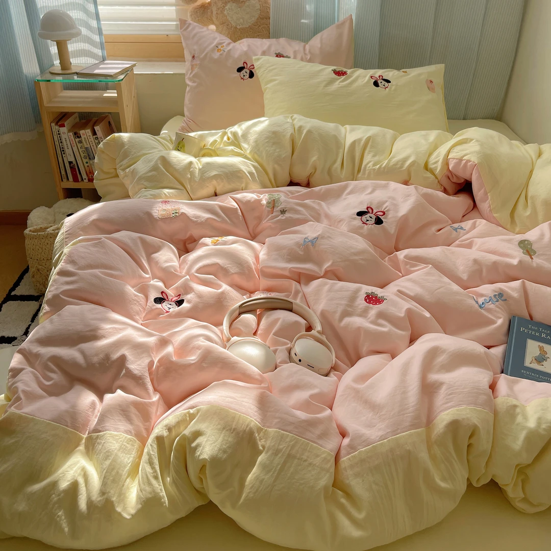 可爱小元素毛巾绣花四件套少女心加厚学生宿舍单人床单被套被罩