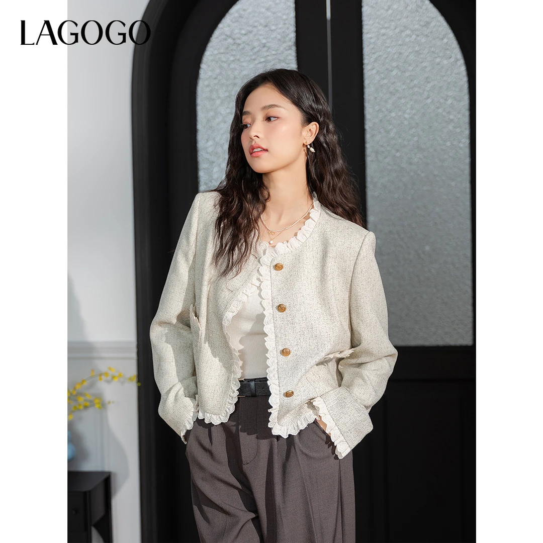 lagogo新款法式优雅蕾丝边小香风外套女OAWW531G03