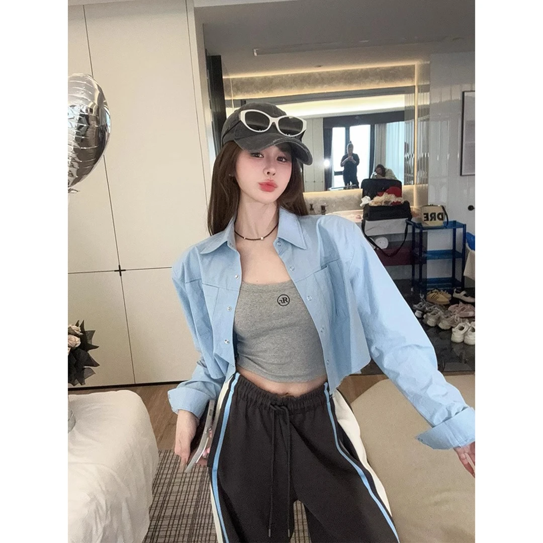 韩系休闲时尚穿搭套装女无袖背心上衣防晒衬衫显瘦高腰卫裤三件套