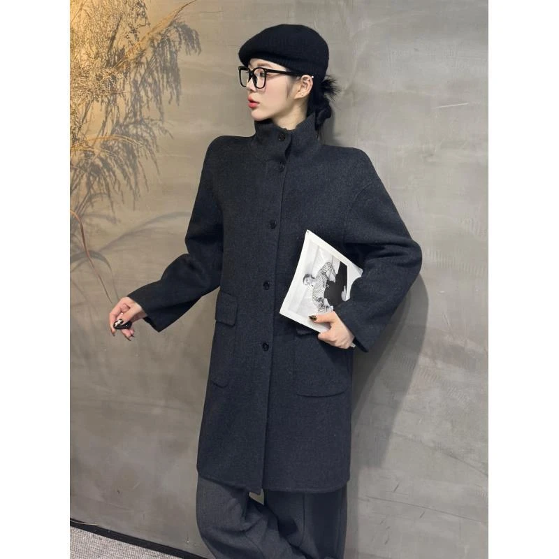 25105#针织立领单排扣双面山羊绒大衣女宽松显瘦中长款毛呢外套