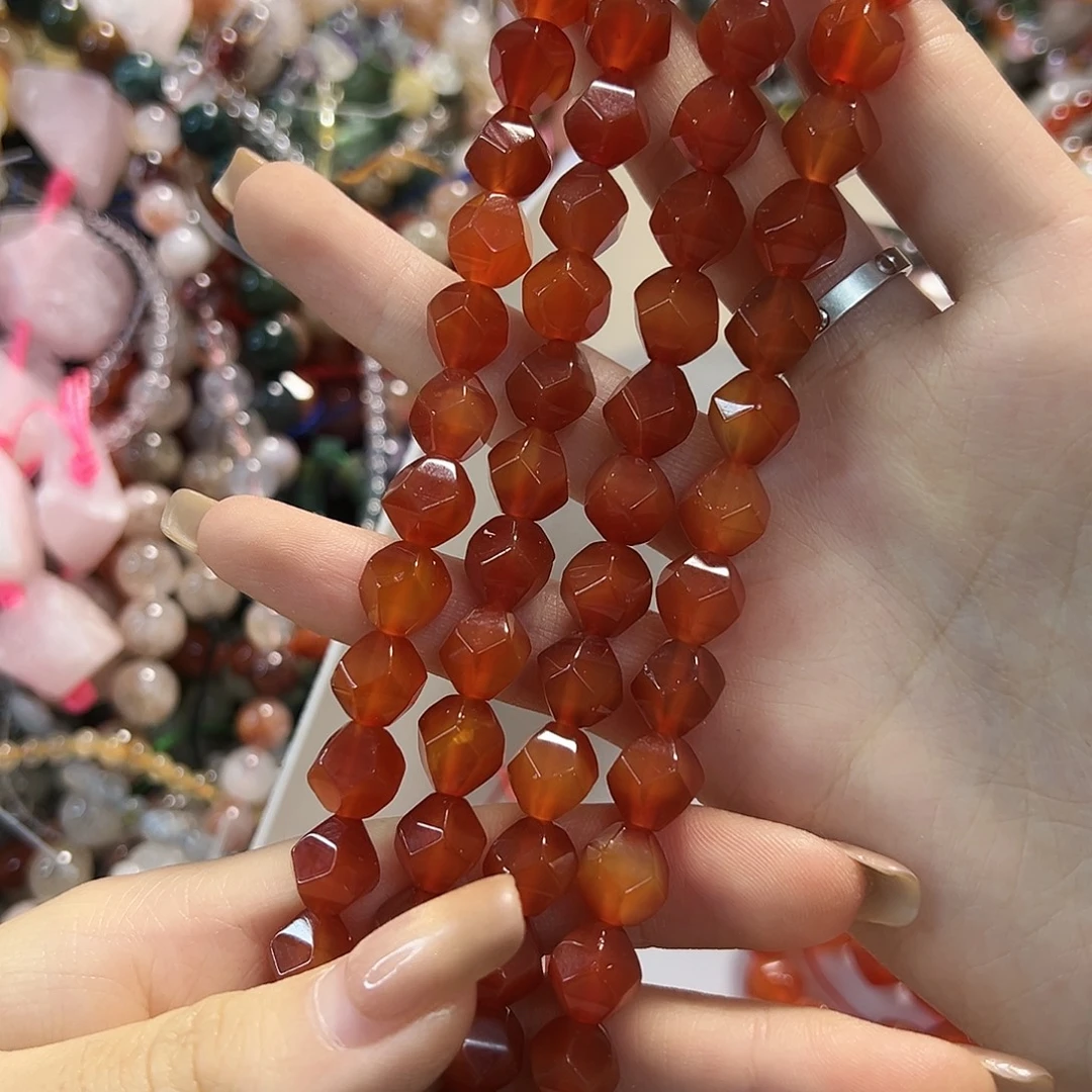 玛瑙/玉髓未镶嵌珠宝半成品柿子红八菱切卡10红玛瑙一条