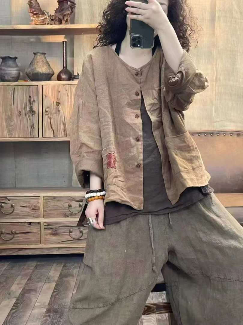 瑞舒7056秋季亚麻女外套时尚百搭双层炒色做旧上衣（长61胸围135）