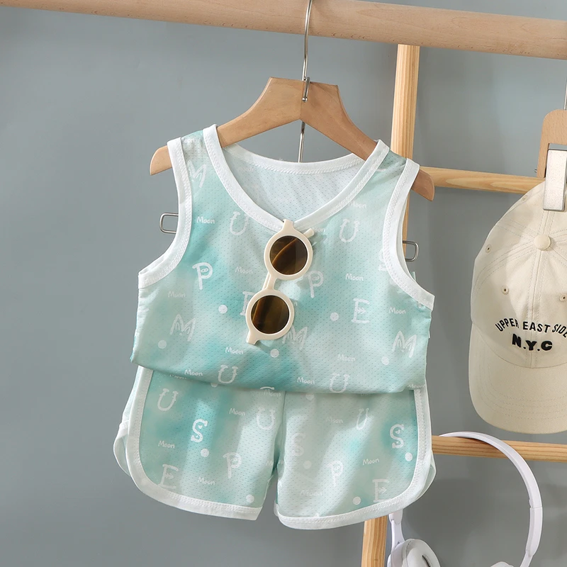 儿童套装男童运动背心短裤女宝宝无袖冰丝网眼婴幼儿夏季薄款衣服
