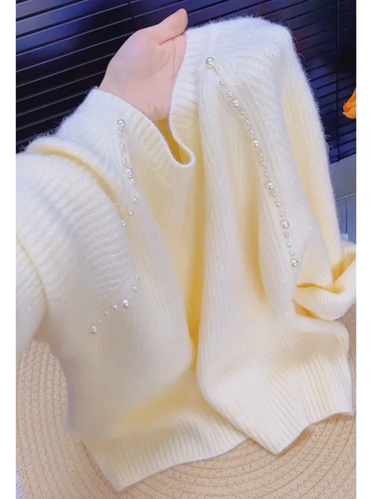 慵懒风重工钉珠圆领套头毛衣女秋季新款高级感宽松显瘦针织衫上衣