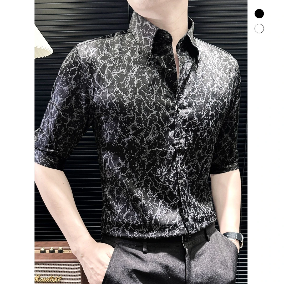 典雅黑七分袖衬衫男款夏季新款设计师款男装印花中袖男士休闲衬衣
