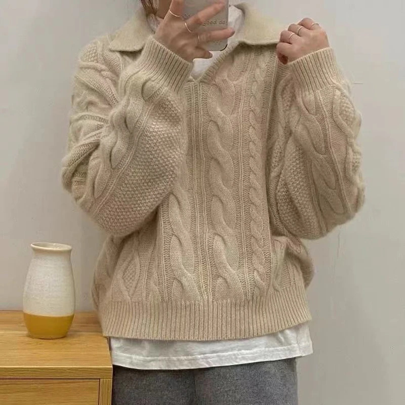 秋冬季法式宽松外穿慵懒风复古麻花V领蓝色毛衣女套头针织衫上衣