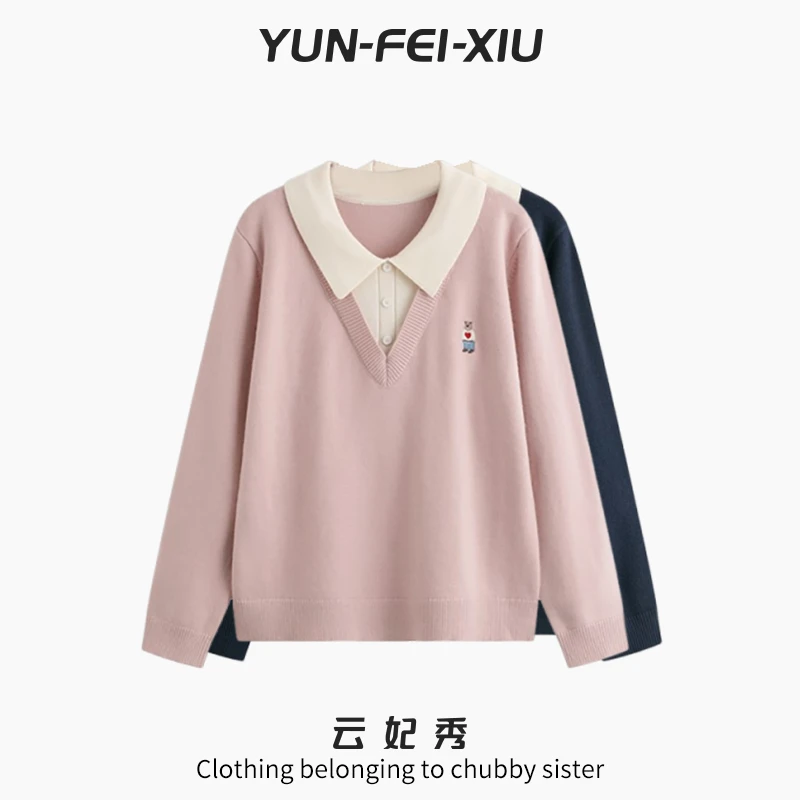 云妃秀大码女装针织衫时尚微胖宽松显瘦POLO领假两件秋季22773