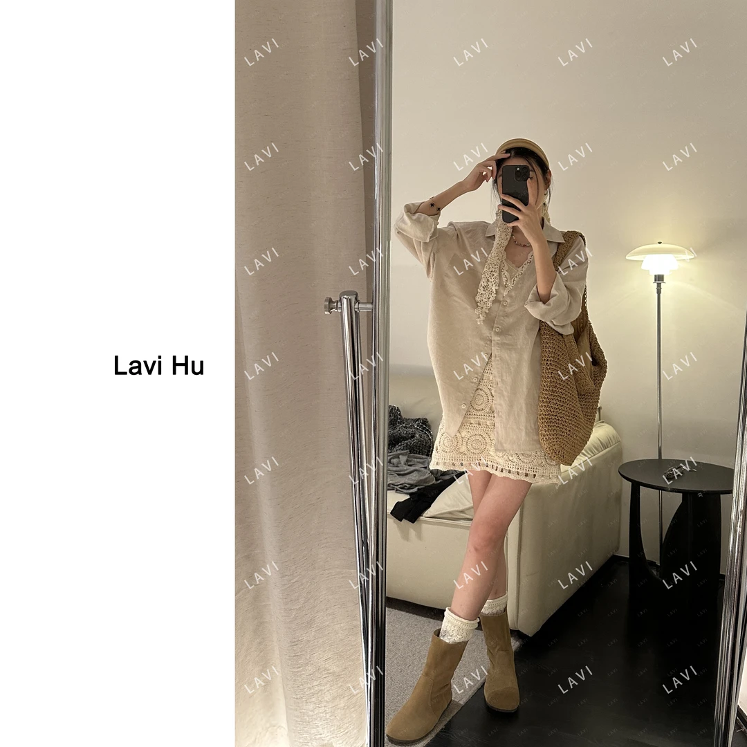 丝丝格调 天 丝+亚麻 假两件简约百搭蕾丝拼接长袖衬衫QJ3435