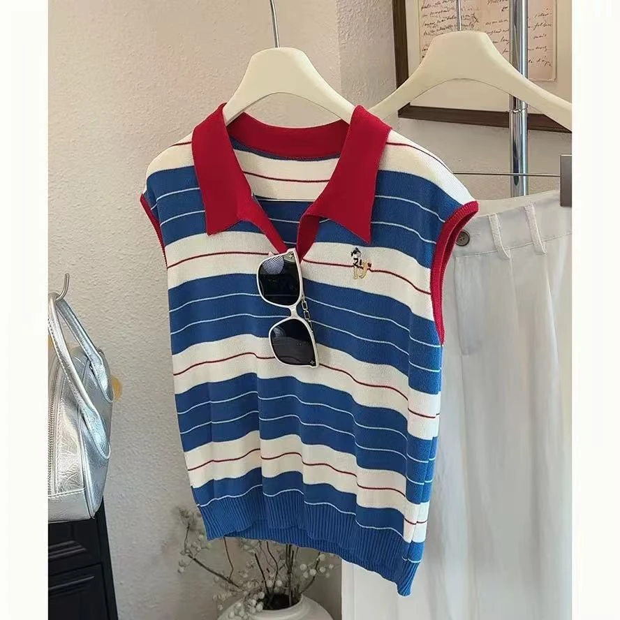 【姑姐严选】2025夏款POLO领撞色横条纹无袖针织上衣女