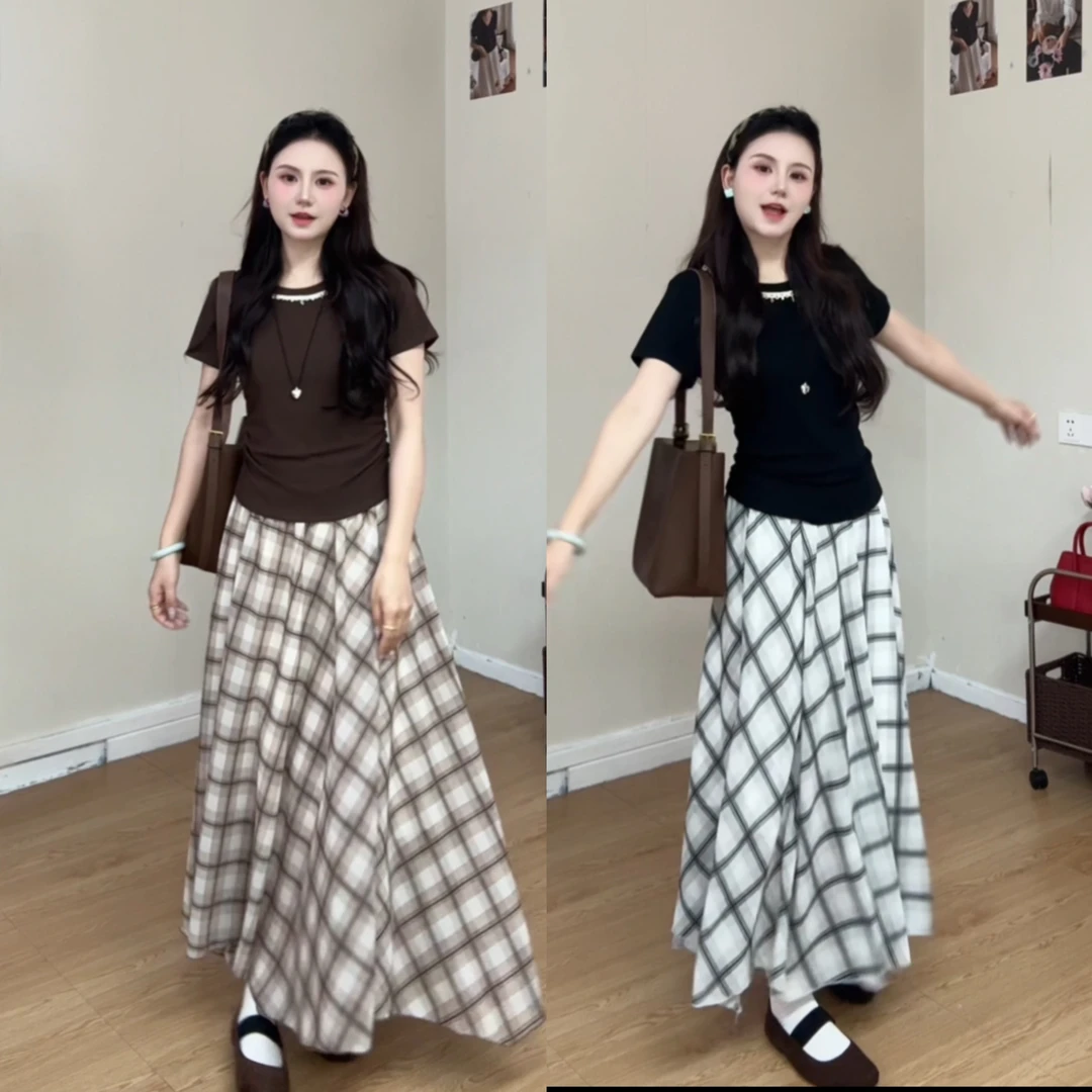 【森系撞色格纹套装】格纹半身裙短套装显瘦遮肉半身裙高腰25044