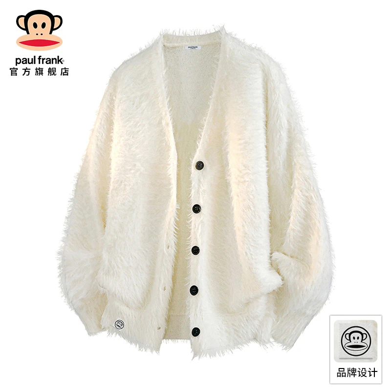 PaulFrank/大嘴猴白色水貂绒开衫毛衣男秋冬新款休闲V领针织外套