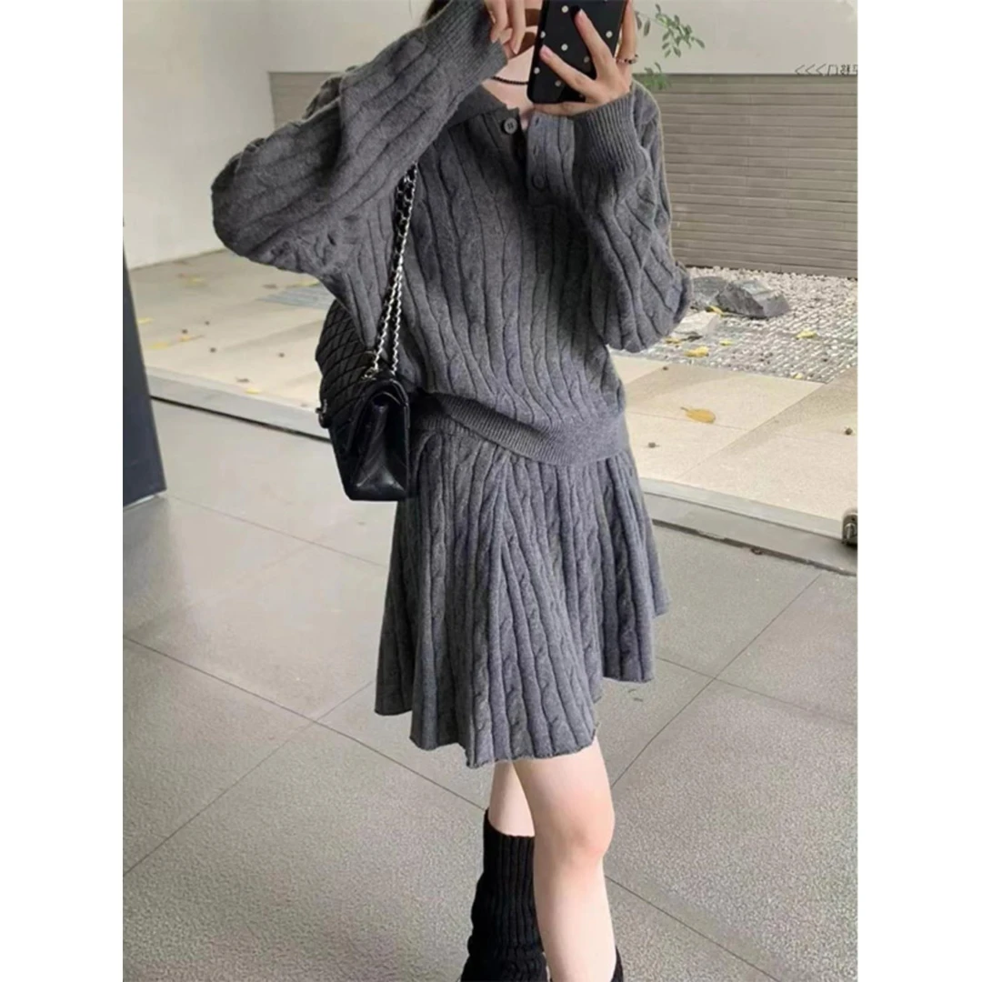 毛衣套装女秋季简约显瘦休闲麻花翻领针织打底衫半身短裙两件套女