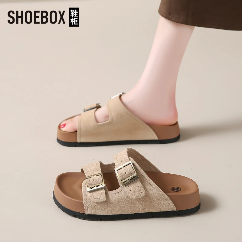 SHOEBOX鞋柜厚底拖鞋女夏季外穿2025新款复古勃肯沙滩一字拖鞋