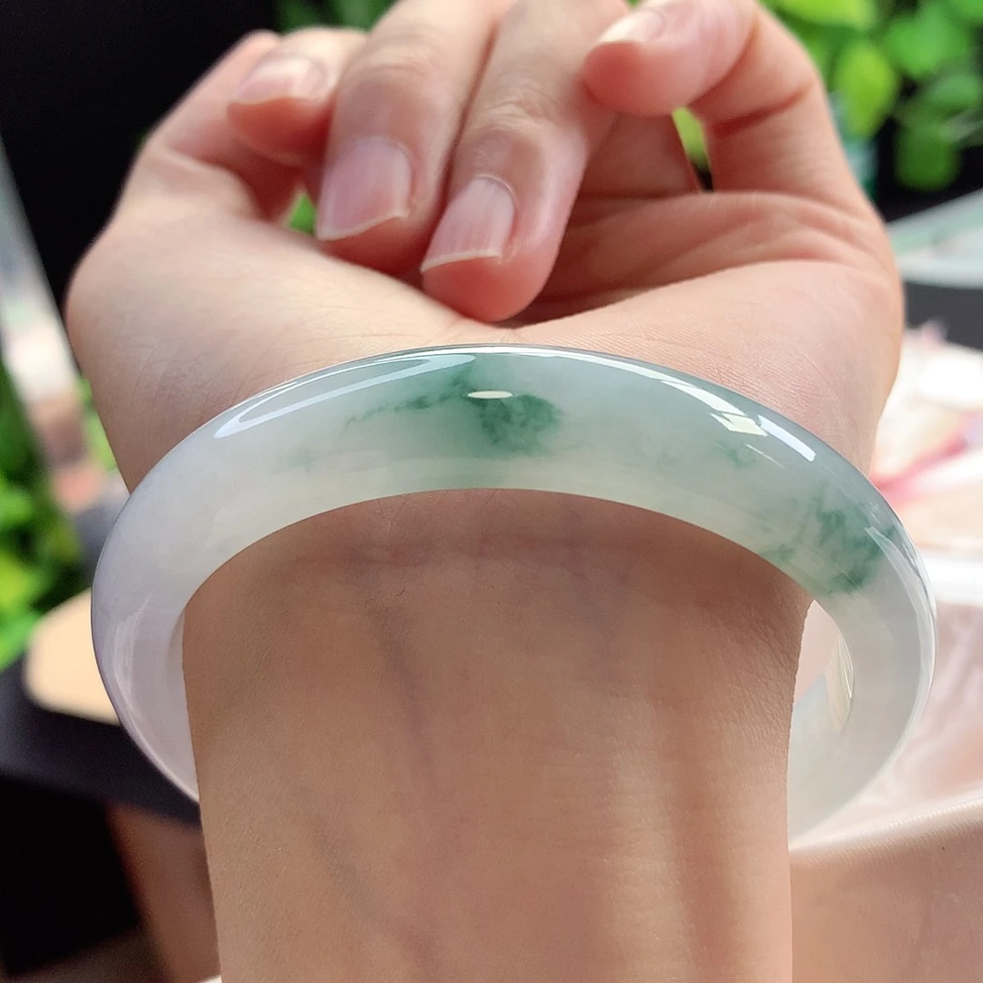 未镶嵌手镯翡翠58-59圈口白冰飘花水墨丹青冰冰透15号