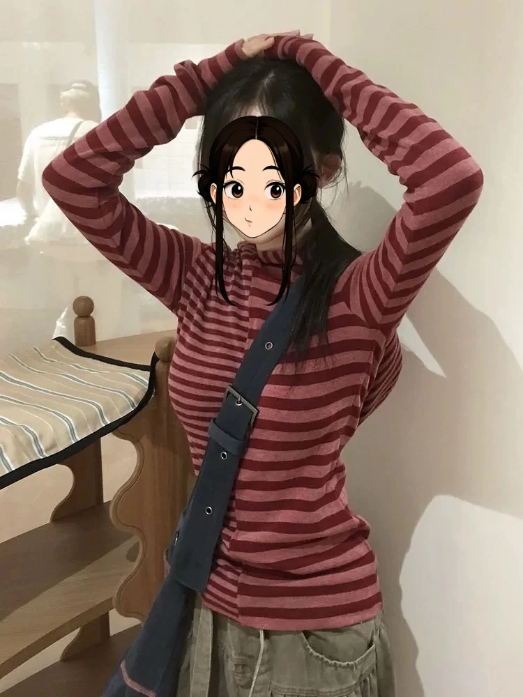 T恤宽细条纹拼接撞色不对称连帽长袖女