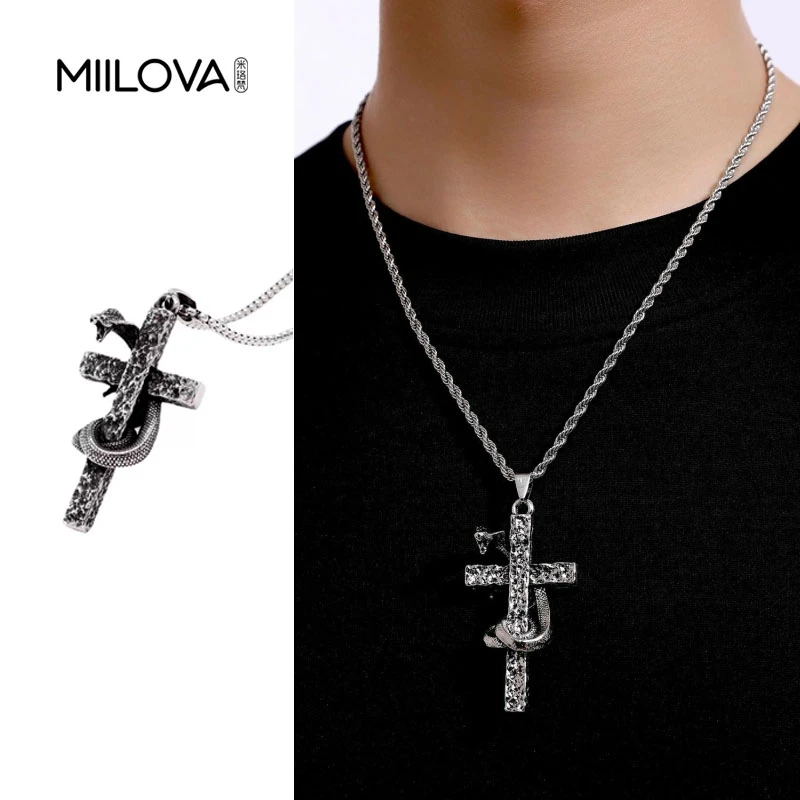 钛钢项链 Vintage古着蛇缠十字架INS复古欧美嘻哈男女锁骨链个性